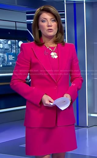 Norah’s pink peak lapel blazer on CBS Evening News