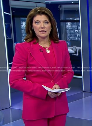 Norah’s pink peak lapel blazer on CBS Evening News