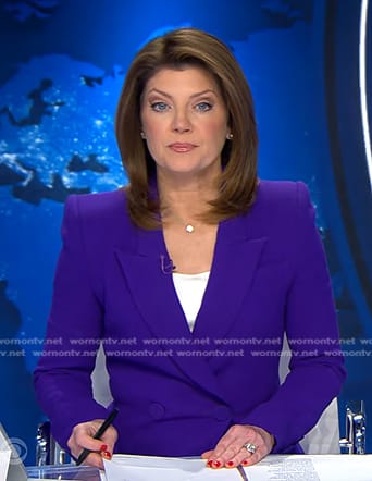 Norah's purple double breasted blazer on CBS Evening News