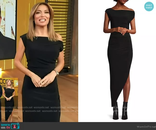 Norma Kamali Asymmetric Drop-Shoulder Gown worn by Kit Hoover on Access Hollywood