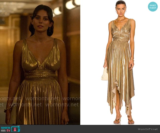 Norma Kamali Goddess Gown worn by Leila (Pardis Saremi) on Death and Other Details