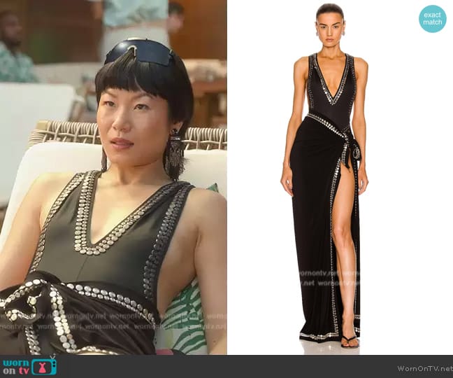 Norma Kamali Gunmetal Stud V Neck Marissa Swimsuit worn by Eleanor Chun (Karoline) on Death and Other Details