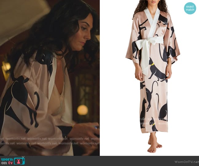 Olivia Von Halle Queenie Cat-Print Long Silk Robe worn by Leila (Pardis Saremi) on Death and Other Details