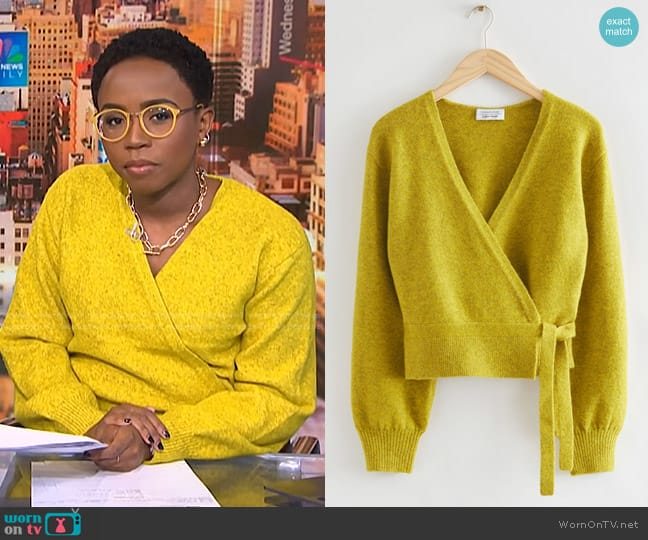 & Other Stories Wrap Sweater in Lime Green worn by Zinhle Essamuah on NBC News Daily