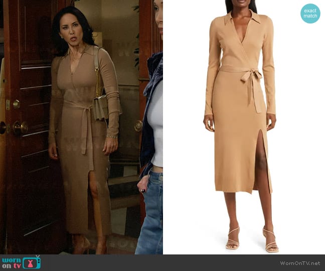 Paige Carmen Dress in Dark Camel worn by Li Finnegan (Naomi Matsuda) on The Bold and the Beautiful