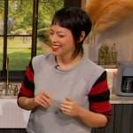 Pilar Valdes’s gray hoodie with striped sleeves on The Drew Barrymore Show