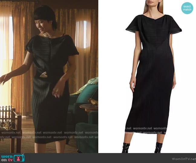 Pleats Please Issey Miyake Try Angle Pleated Midi-Dress worn by Eleanor Chun (Karoline) on Death and Other Details