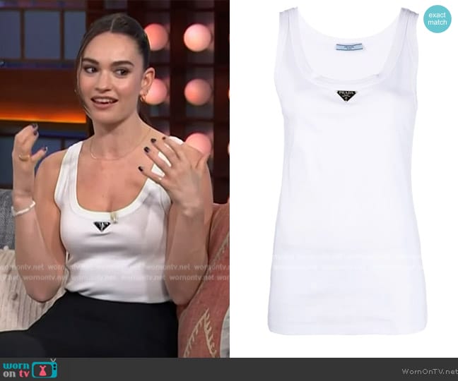 Prada Logo-plaque sleeveless vest top worn by Lily James on The Kelly Clarkson Show