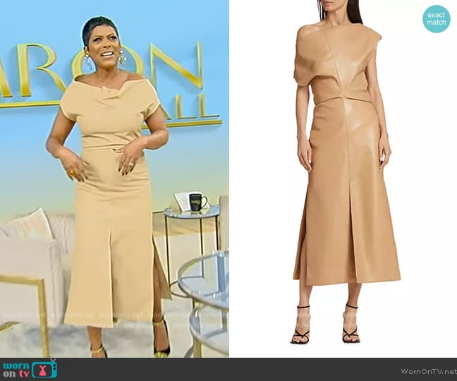 Proenza Schouler Rosa off-shoulder leather dress worn by Tamron Hall on Tamron Hall Show