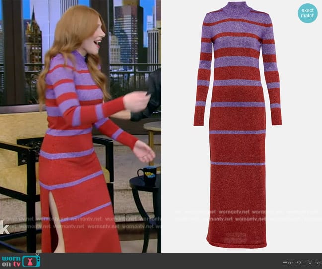 Rabanne Striped metallic knit maxi dress worn by Bryce Howard on Live with Kelly and Mark