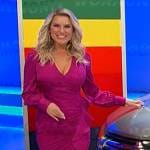 Rachel’s pink long sleeve ruffled faux wrap dress on The Price is Right