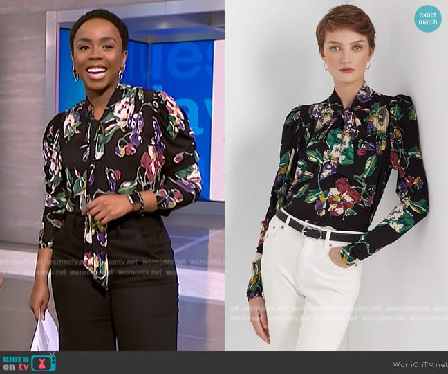 Ralph Lauren Floral Pleated Jersey Tie-Neck Top worn by Zinhle Essamuah on NBC News Daily