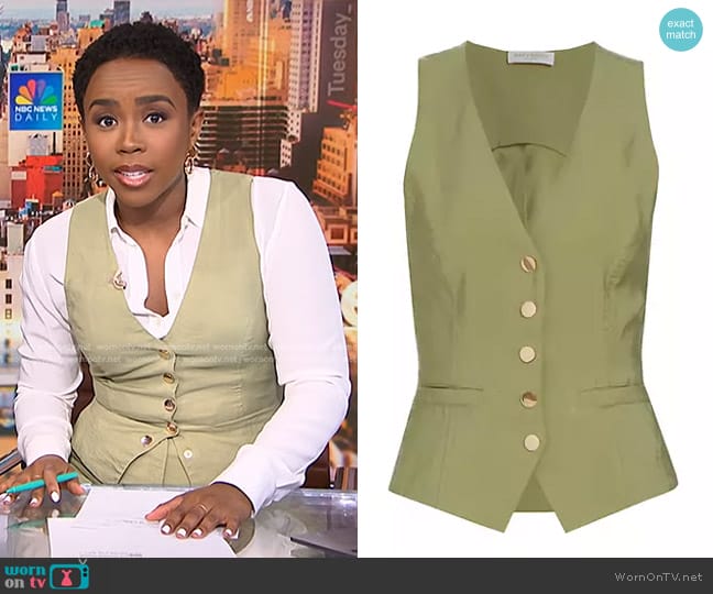 Ramy Brook Cosette V-Neck Vest in Vintage Olive worn by Zinhle Essamuah on NBC News Daily