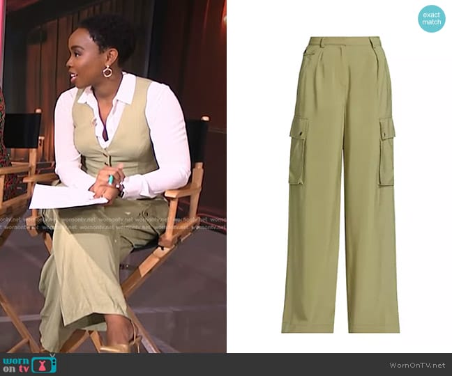 Ramy Brook Emil Wide-Leg Cargo Pants in Vintage Olive worn by Zinhle Essamuah on NBC News Daily