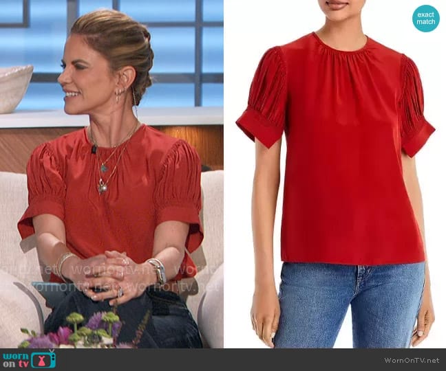 Rebecca Taylor Pleated Puff Sleeve Silk Top worn by Natalie Morales on The Talk