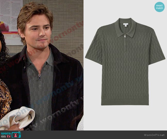 Reiss Ubud Polo T-Shirt in Sage Green worn by Johnny DiMera (Carson Boatman) on Days of our Lives