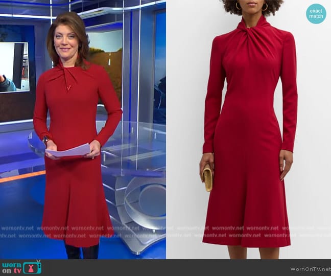 Rickie Freeman for Teri Jon Twist-Neck A-Line Crepe Midi Dress worn by Norah O'Donnell on CBS Evening News