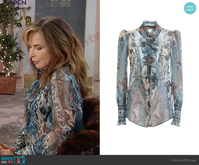 Roberto Cavalli Lurex Detailed Floral Silk Shirt worn by Kate Roberts (Lauren Koslow) on Days of our Lives