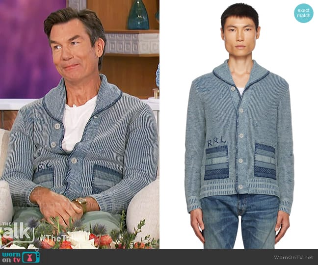 RRL Indigo Flag Patchwork Cardigan worn by Jerry O'Connell on The Talk