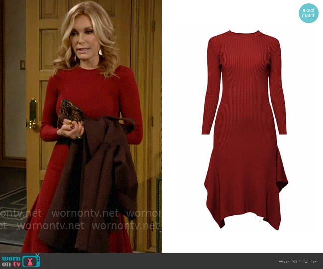 Rumour London Alexa Asymmetric Ribbed Wool Midi Dress In Burgundy worn by Lauren Fenmore (Tracey Bregman) on The Young and the Restless