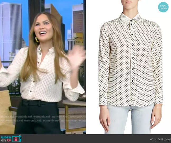 Saint Laurent Classic Shirt In Dotted Crepe De Chine worn by Chrissy Teigen on Live with Kelly and Mark