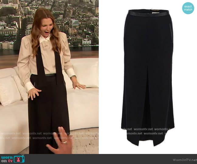 Saint Laurent Front-slit leather-trim wool midi skirt worn by Drew Barrymore on The Drew Barrymore Show