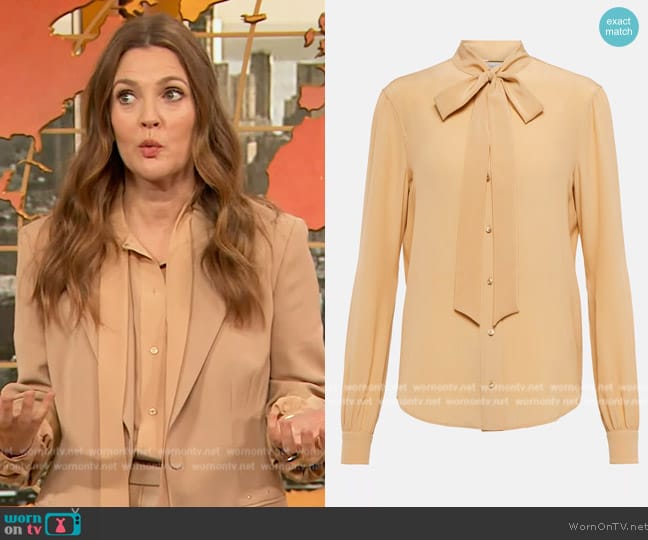 WornOnTV: Drew’s beige tie neck blouse and blazer on The Drew Barrymore ...