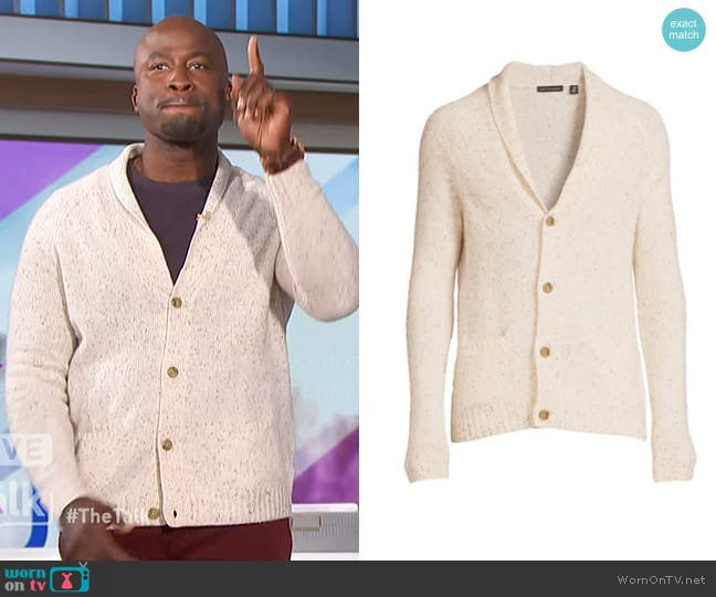 Saks Fifth Avenue Merino Wool Blend Donegal Shawl Cardigan in Birch worn by Akbar Gbajabiamila on The Talk