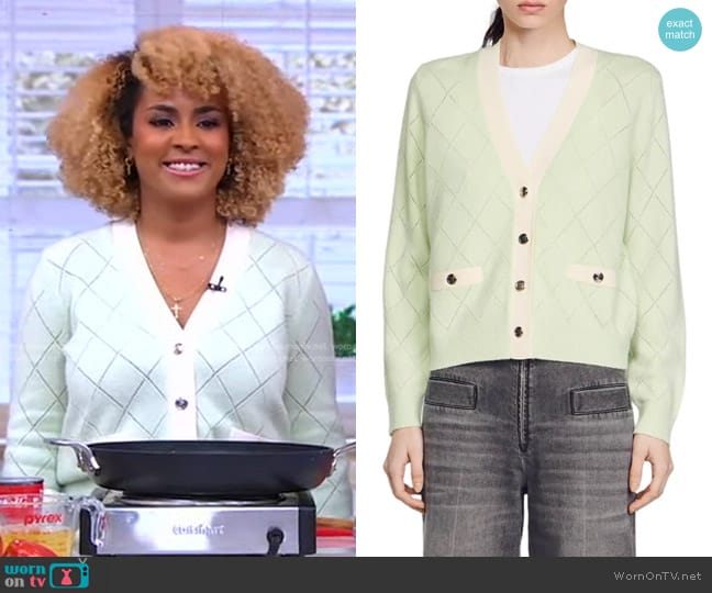 Sandro Almon Pointelle Pattern Cardigan in Vert Amande worn by Toni Chapman on Good Morning America