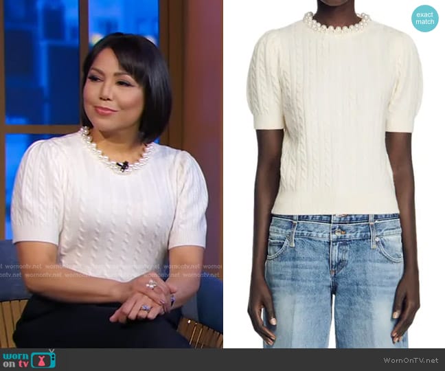 Sandro Madie Imitation Pearl Detail Puff Short Sleeve Wool Sweater worn by Stephanie Ramos on Good Morning America