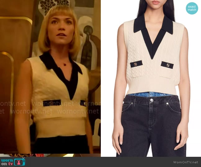 Sandro Suzy Sleeveless Cable Knit Sweater worn by Imogene (Violett Beane) on Death and Other Details