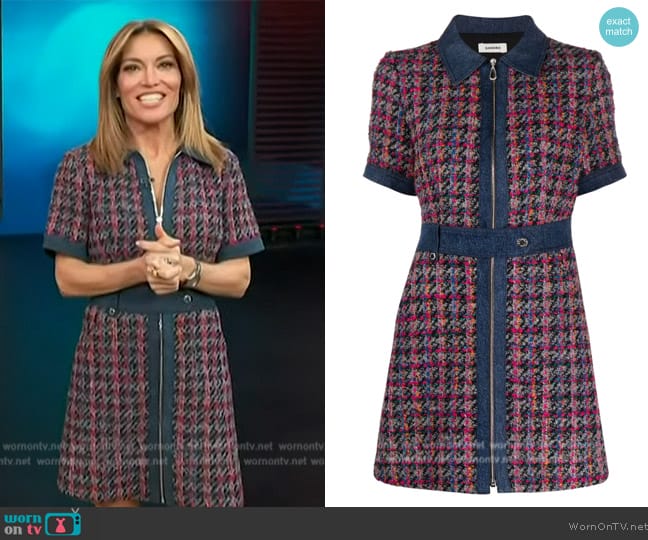 Sandro Tweed denim-trimmed minidress worn by Kit Hoover on Access Hollywood