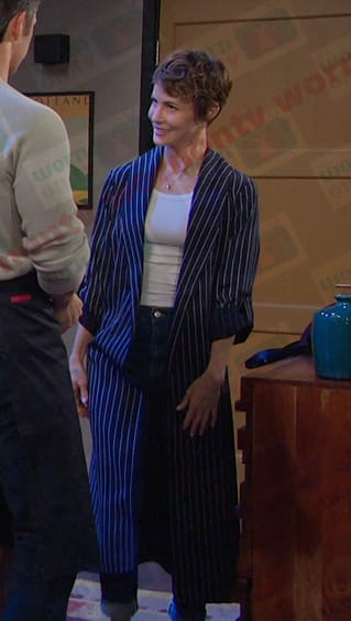 Sarah’s navy striped coat on Days of our Lives