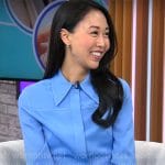 Sarah Paiji Yoo’s blue shirt and skirt on CBS Mornings