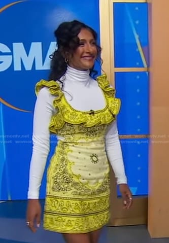 Sarayu Blue’s yellow bandana print mini dress on Good Morning America