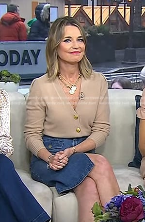 Savannah’s beige cardigan and denim pencil skirt on Today