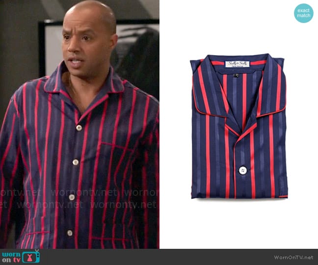 Scully & Scully Striped Soft Cotton Satin Pajamas worn by Trey Taylor (Donald Faison) on Extended Family