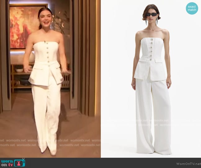 WornOnTV: Lucy Hale's white strapless jumpsuit on The Drew Barrymore Show