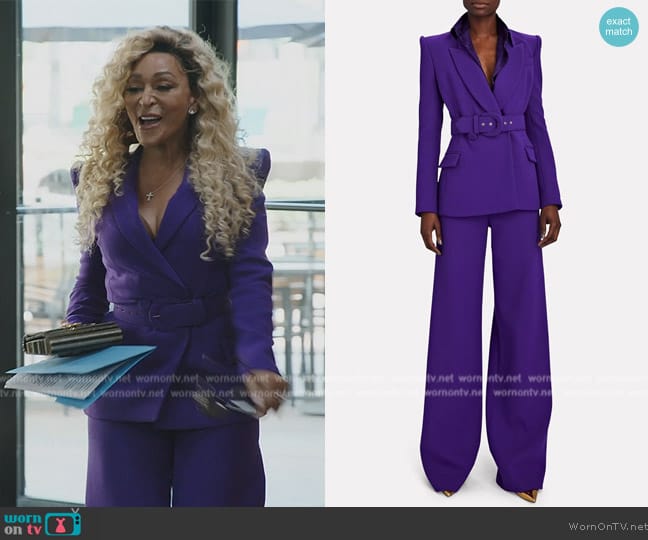 Sergio Hudson Wool Belted Blazer worn by Karen Huger on The Real Housewives of Potomac