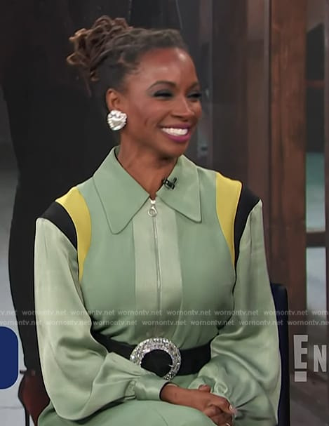 Shanola's green stripe trim dress on Access Hollywood