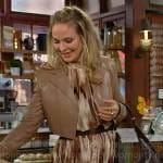 Sharon’s brown printed dress and cropped leather jacket on The Young and the Restless