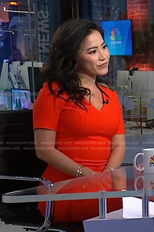 Dr. Sharon Huang’s red v-neck sheath dress on NBC News Daily