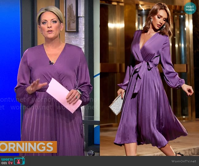 Shein Lantern Sleeve Belted Pleated Dress in Purple worn by Jamie Yuccas on CBS Mornings