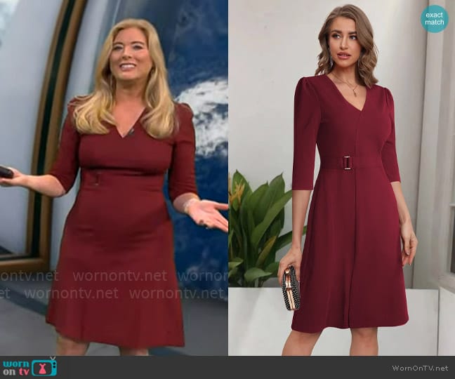 Shein Puff Sleeve Buckle Belted Dress in Burgundy worn by Kelly Cass on CBS Mornings