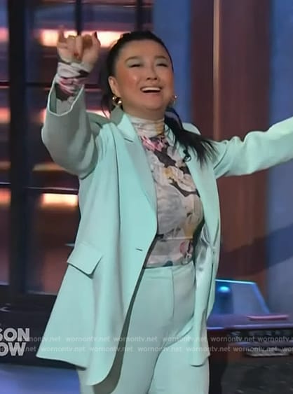 Sherry Cola’s light blue blazer and floral mesh top on The Kelly Clarkson Show