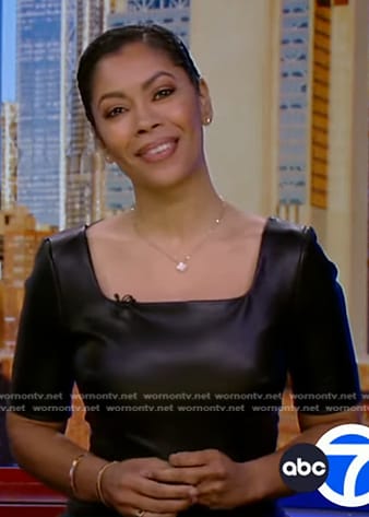 Shirleen Allicot's black square neck leather dress on Good Morning America