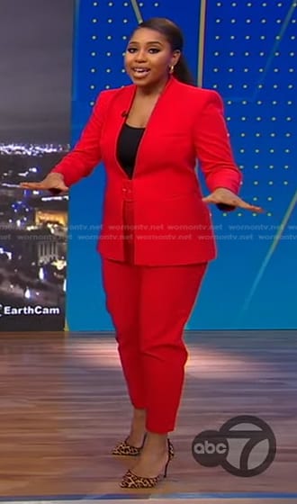 Somara Theodore’s red jacket and belted pants on Good Morning America