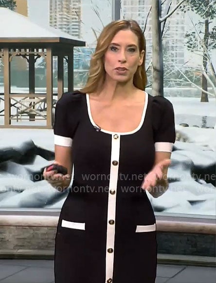 Stephanie Abrams’ black button front dress with white trims on CBS Mornings