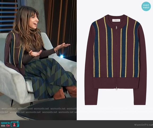 Tory Burch Striped Zip Front Cardigan worn by Jessica Radloff on Access Hollywood