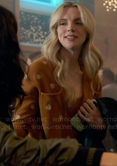 Sylvie's brown floral embroidered cardigan on Chicago Fire